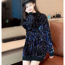 urkoteer 블랙 스팽글 풀오버티 반짝이 롱니트티