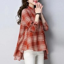 블라우스캐주얼 올 매치 라펠 긴팔 루즈핏 블라우스 여성용 패션 비대칭 체크 무늬 셔츠 2022 가을
