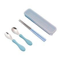 닥터월드 어린이커트러리3p세트 숟가락(1p)+포크(1p)+교정젓가락(1p)or일반젓가락(1p)+수저통, 블루실버, 1