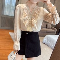레이스브라우스 만격 기 할인점 상점 전문점 철수함 캐비닛 여성의류 브이넥 궁정풍 셔츠 4811662653, L, 베이지칼라