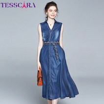 TESSCARA 데님 드레스 셔츠 여성용 긴 빈티지 파티 로브 팜므 a라인 민소매 여름