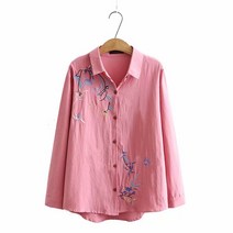 빅사이즈셔츠원 중년 마담 엄마옷 상의 와이드 루즈핏 수놓다 플라워 긴팔 면 이너티셔츠 미드 노년 에스닉 2472818808