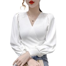 [니만바이] 쉬폰 도킹 볼륨 소매 V 넥 니트 블라우스 리브 카슈쿠르 소매 콘셔스 모듬 소매 리브 니트 리브 스웨터 니트 블라우스 레이디스 긴 소매 풀오버 부드러운 볼륨 소매 세련된 앳 v 넥 화이트 1A-N01-WHM