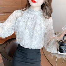 럭셔리 블라우스 여성 봄 가을 티셔츠 출근룩 하객룩 상견례 정장 풀오버 연꽃 잎 슬리브