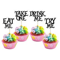 Gyufise 24피스 Eat Me 컵케이크 토퍼 글리터 Try Me Take One 이상한 나라의 앨리스 컵케이크 피크 장식 동화 속 원더랜드 테마 베이비 샤워 어린이 남아 여아, C Black
