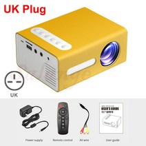 빔 프로젝터 salange t300 미니 led 1400 루멘 3.5mm 오디오 320x240 hdmi usb 미니 비머 홈 미디어 플레이어 지원 풀 HD 1080p, 노란색 영국 플러그