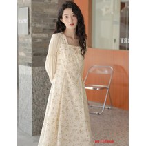 이른 봄 꽃 드레스 여성의 봄과 가을 복고풍 스퀘어 칼라 레이스 긴 치마