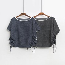 셀러허브(잡화) 여자 양옆 스트링 셔링 가오리핏 도트 반팔 블라우스