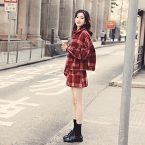 레드 체크 패턴 모직 자켓 치마 투피스 정장 세트