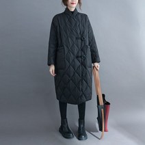 엄마옷 50대 60대 여성용 오버사이즈 루즈 한 넥 누빔 코튼 외투 중간 길이 무릎 위 경량 다운 재킷 0