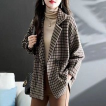 여자 반코트 숏코트 트위드 블레이저 자켓 체크 무늬 핸드메이드 울 코트