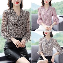 가을 플라워 쉬폰 상의 여성 코디 작은 셔츠 리본 끈 상의