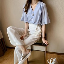 여성 여름 쉬폰 V넥 반팔 블라우스 셔츠 하늘비즈 C10 F934T503