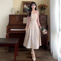 여자 정장코트 2475# 연 단가라 네크라인 잔꽃 나시 스커트 카디건 외두 벌 차림다소미얼Z