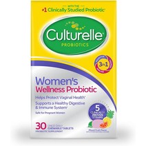 프로바이오틱스 Culturelle 여성 웰니스 여성을 위한 매일 씹어먹는 소화기 질 및 건강 간헐적 설사 가스 복부 팽만감 지원 비 GMO 30개