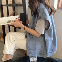 투나이언 여성 오버핏 청 데님 조끼 간절기 베스트