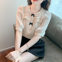 도니와 여성 둥근카라 블랙리본 귀여운블라우스 데이트룩