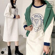 SKY패션 더블유 배색 기모 롱원피스 루즈핏 여성 기모안감 원피스 여자 홈웨어 편한 겨울 긴팔 ops