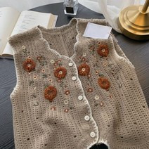 꽃자수니트 가디건 스웨터 목가적 인 스타일 여름 가을 조끼 빈티지 크로 셰 뜨개질 조끼 속이 빈 점퍼 조끼 탑