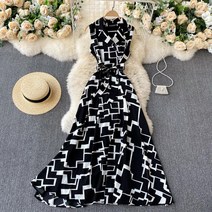 S-2XL 프렌치 민소매 패턴 원피스 맥시 비치 롱원피스 쉬폰 A라인 캐주얼 바캉스 V넥
