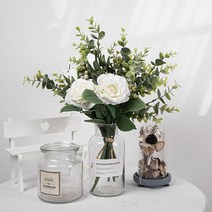 유칼립투스 장미 꽃다발 부케 꽃화관 셀프웨딩 조화 1p, 화이트