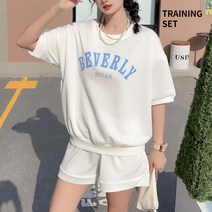 [럽즈올] [고퀄리티] 여성용 여름 빅사이즈 오버핏 프린팅 레터링 브이넥 반팔티 맨투맨 반바지 트레이닝 세트