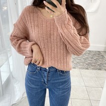 업쓰 여성 여리 루즈핏 브이넥 골지 알파카 긴팔 크롭 니트