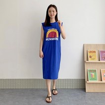 바나나쵸코 순면 나시 민소매 나염 프린트 원피스 블루