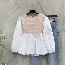 [봄신상무배]트위드 셔츠 배색 리본 플레어 블라우스