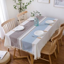에이프릴16 북유럽감성 린넨 미니멀 테슬 식탁보, 브라운 + 블루, 140 x 200 cm