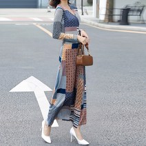 리틀깽스 자체제작 빅사이즈 페이즐리 기하학 저지 스판좋은 레트로패턴 스판 H라인 롱랩원피스 비치웨어원피스