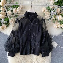 벌룬 7부소매 블라우스 금이야옥이야 마홍도 황찬란 옥미래 이예주 레트로 메쉬 레이스 탑 여성용 칼라 긴 슬리브 코트 슬림 셔츠 우아한