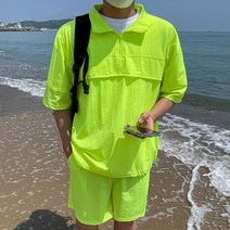 남녀공용 오버핏 여름 반팔 아노락 반집업 스판 반바지 세트 셋업