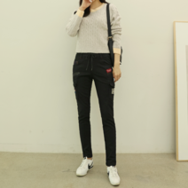 국산 중년 여성용 가을 바지 스판 밴딩 자수 패치 슬림핏 카고 팬츠