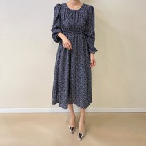 데일리앤 마리 빅사이즈 잔꽃 플라워 허리끈 쉬폰 긴팔 롱 원피스