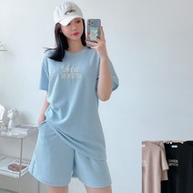 [프롬제니] 엠퍼시 자수 레터링 반팔 티셔츠 밴딩 반바지 상하 세트 여름 5부 트레이닝 여성 빅사이즈 상하의 츄리닝 홈웨어 맨투맨 휴가 코디 캠핑룩 데일리 바캉스 여자 소라색