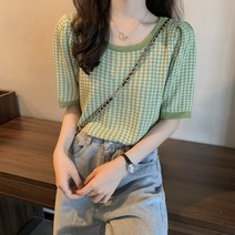 봄여름 아이스 얇은 체크 디자인 소소한 반팔 니트 여 상의