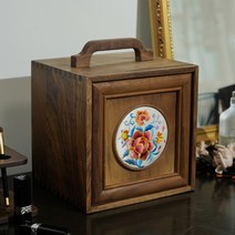 복고풍 원목 보석함 호두나무 보석상자 악세서리 휴대용 꽃자수 서랍장, B 원목 수납 상자 자수그림