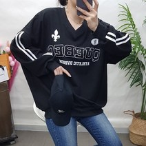 제이후 루즈핏 캐주얼 박시 박스 브이넥 두줄 레터링 여성 맨투맨 티셔츠