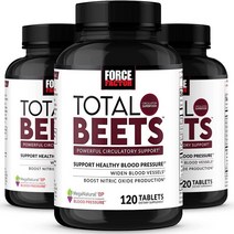 미국 Total Beets 혈압 지원 보충제 3팩 산화질소 순환 및 심혈관 혈관 확장제 심장 건강 비타민 포스 팩터 360개, 120 Count (Pack of 3), Tablets