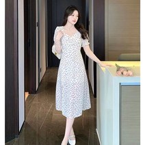 네이워에스엔 여자 여름 반팔 슬림핏 V넥 퍼프소매 허리라인 폴리 플라워 아이스 원피스 2가지 컬러
