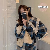 체크 블라우스 레이스 카라 탑