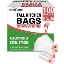 BEIDOU-PAC 30.5-37.9L(8-10갤런) 드로스트링 쓰레기 봉투 120개 멀티폴드 롤 쓰레기 봉투 대형 주방 쓰레기 봉투 무취 튼튼한 흰색 플라스틱 음식 스크, White 13 GAL