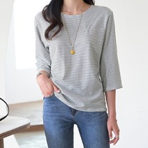 데일리앤 카이아 여성 얇은 쭈리 단가라 기본 스트라이프 7부 티셔츠 여름 봄 가을 칠부티