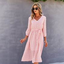 써스데이아일랜드 스타일 원피스 달콤한 핑크 우아한 v 넥 긴 소매 미디 패션 홀리데이 레이스 업 홀리데이 하이 웨스트