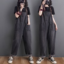 점프수트 유행패션 텐셀 와이드팬츠 데님 블랙 빈티지 앞 주머니 느슨한 긴 청 점프 슈트 숙녀 장난 꾸러기 점프 슈트 발목 길이 멜빵 멜빵바지 여성 9공유 허리슬림핏