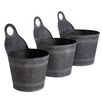 Wowser 디스트레스드 차콜 그레이 페인트 금속 라운드 버킷 벽 화분 29.2cm11 1/2인치 3개 세트 USA 미국
