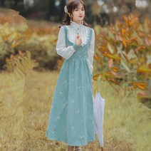 개화기 경성 스타일 사진 광고촬영 원피스 유럽풍 궁정소녀 빈티지 벨벳 자수 허리 여밈 슬림