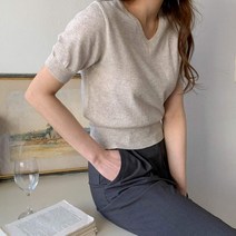 4colors 썸머 뱀부 여자 여름 기본 이너 브이넥 반팔 시보리 세미 크롭 니트 티