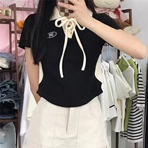 100 순면 코튼 학원 무드 나비 플라워 프린팅 드로스트링 스트랩 카라넥 t셔츠 여성 디자인감각 멜란 상의